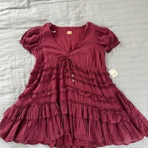 Free People Burgundy Mini Dress with Ruffle Details